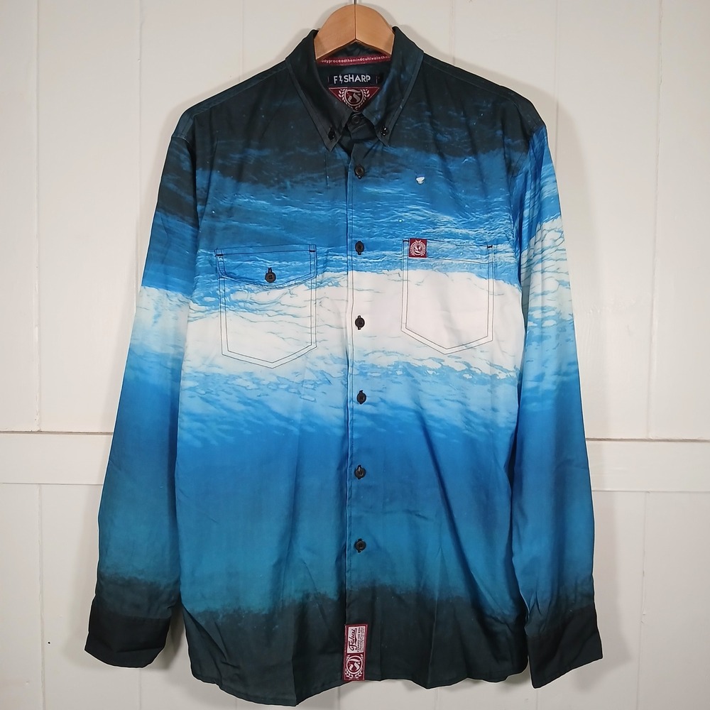 Fokai F-Sharp Ocean Wave Graphic Button Up Shirt Mens Large Blue Long Sleeve